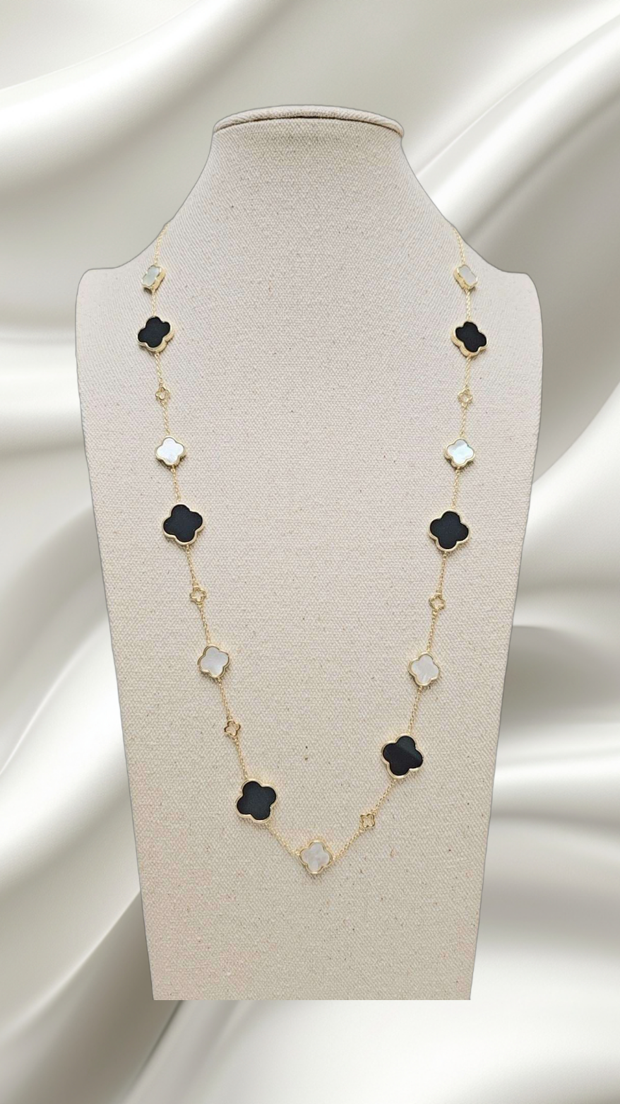 Mother of Pearl & Onyx Alhambra Long Gold Necklace