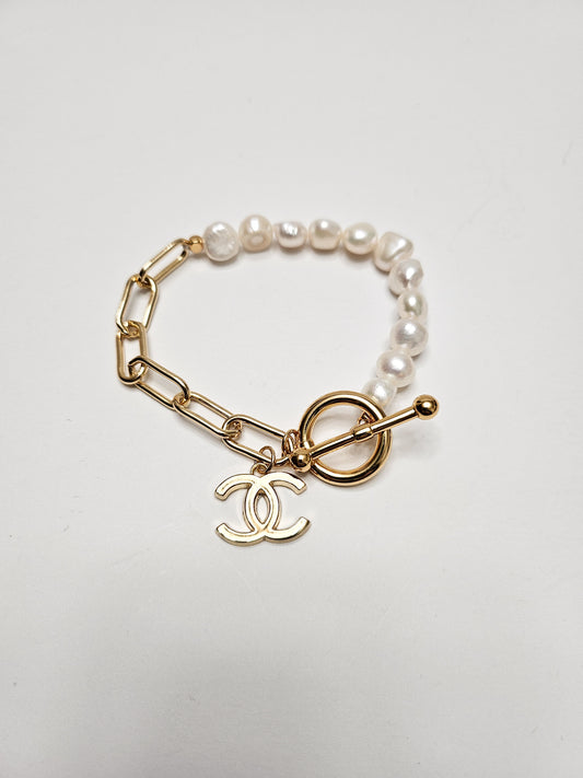 CHA Fresh Water Pearl & Gold Link Bracelet