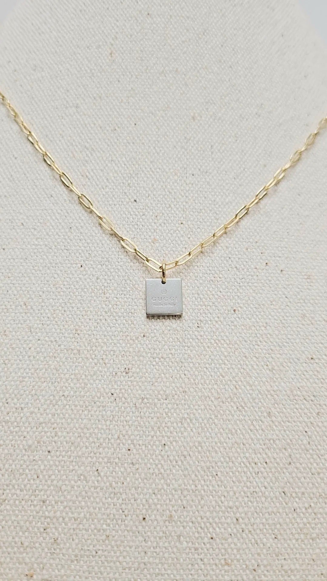 Double G Silver Square Charm Gold Paperclip Necklace