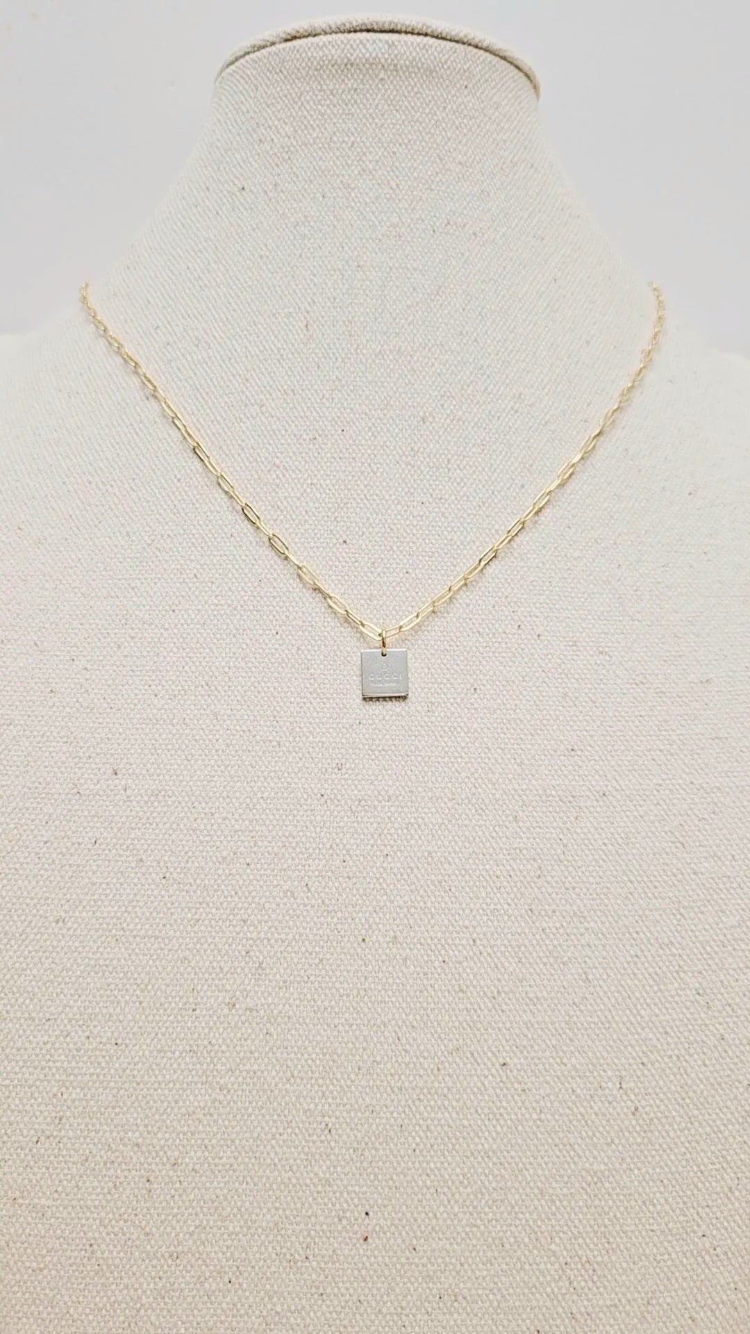 Double G Silver Square Charm Gold Paperclip Necklace