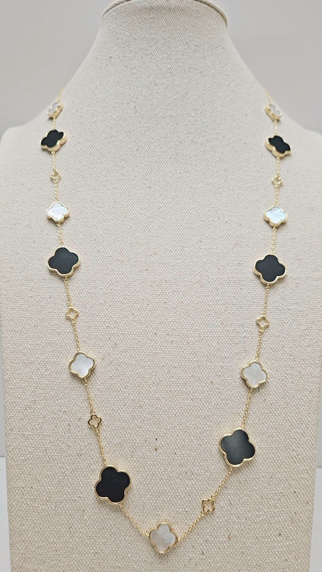 Mother of Pearl & Onyx Alhambra Long Gold Necklace