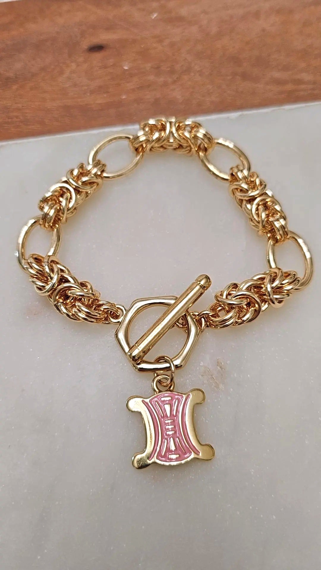 Triomphe Paris Pink Enameled Toggle Gold Bracelet