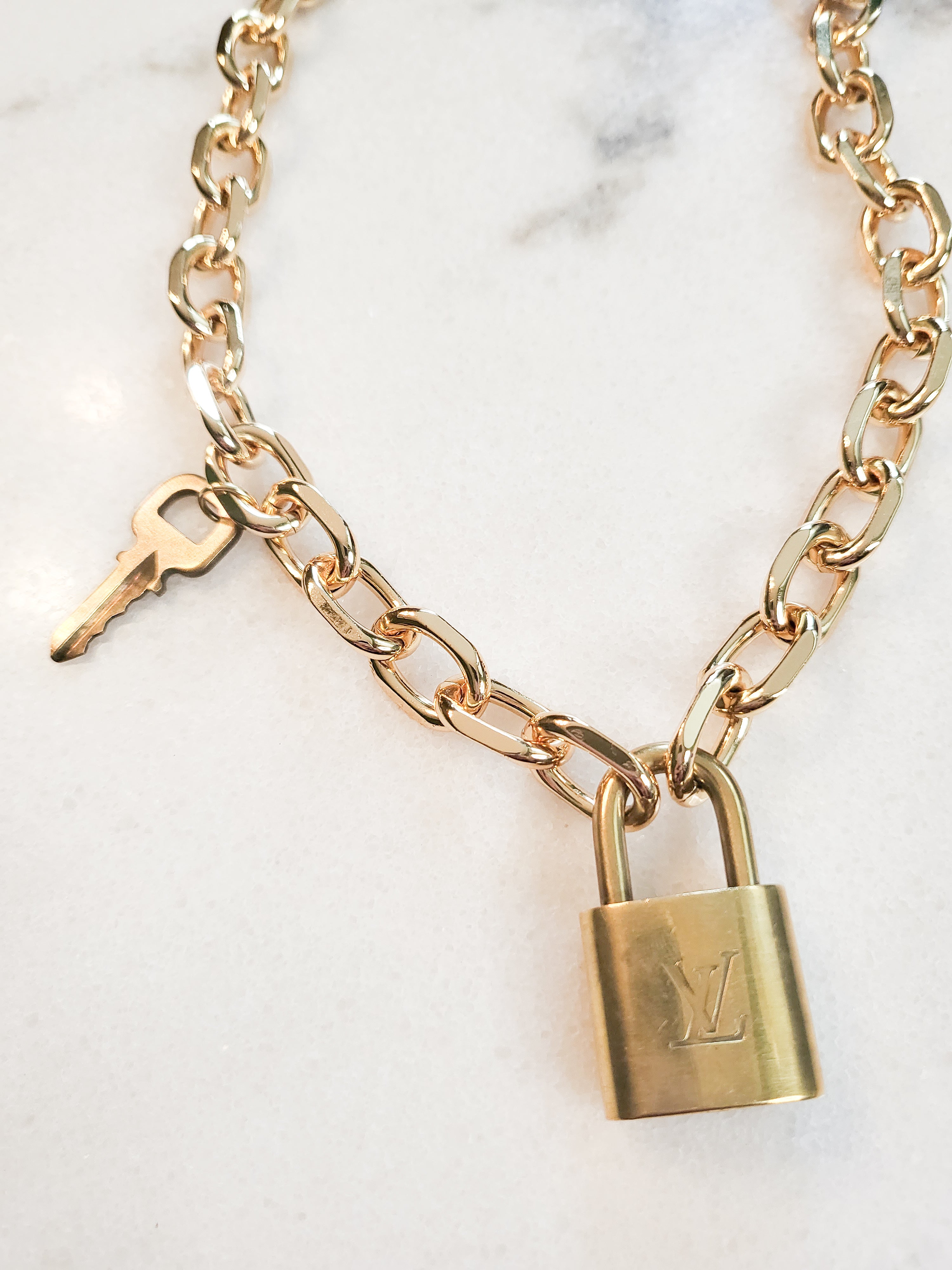 Gold Lock and Key Fob Necklace Gold LV Lock and Key Vintage Textured  A  Girls Gems